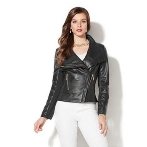 Iman Women's Black Leather Moto Jacket - Picture 1 of 9